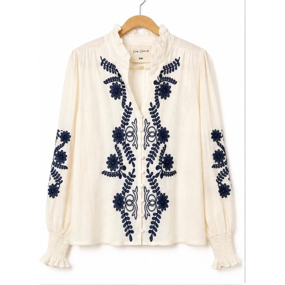 Easy Clothes Embroidered Linen Blend Blouse Navy Floral Ruffle Neck Cream SM